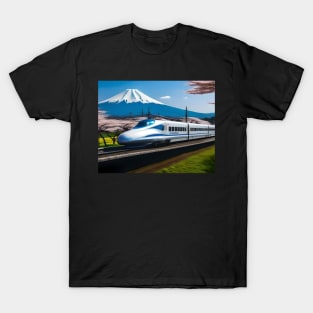 Shinkansen Bullet Train With Mt Fiji Digital Drawing T-Shirt